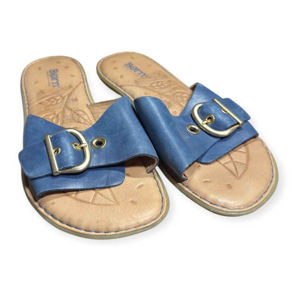 Born Boho Sandals Miarra Women's Blue Leather Slide Sandal Size 8M Casual Buckle